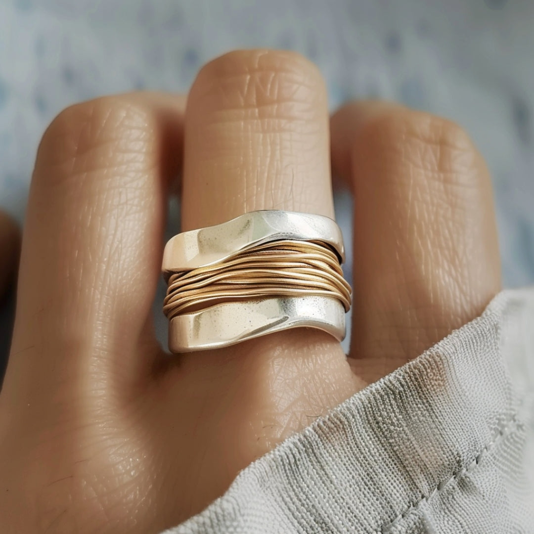 Silver & Gold Crystal Accent Ring β Elegant