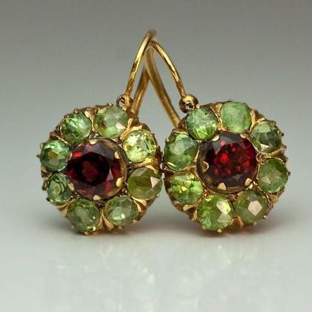 Vintage Green & Red Crystal Earrings β Elegant