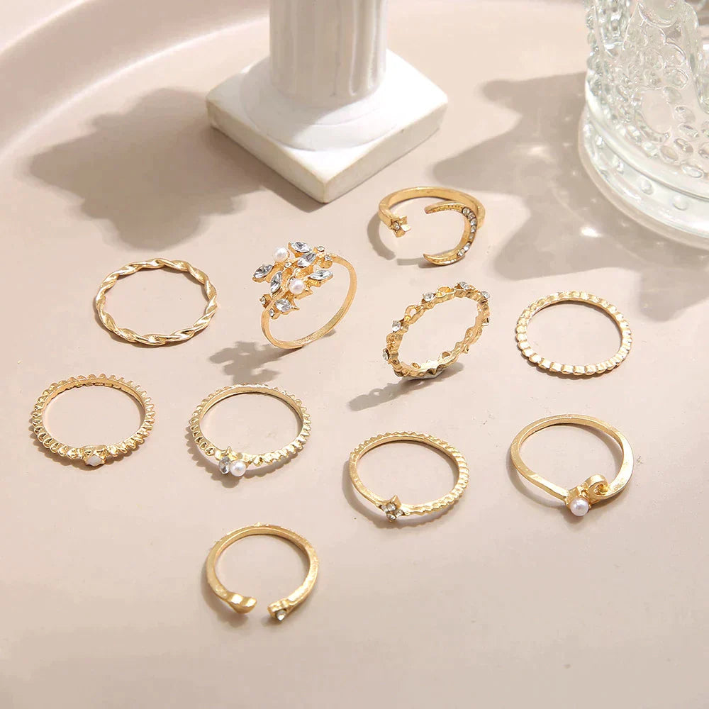 Silver & Gold Crystal Ring Set β Exquisite