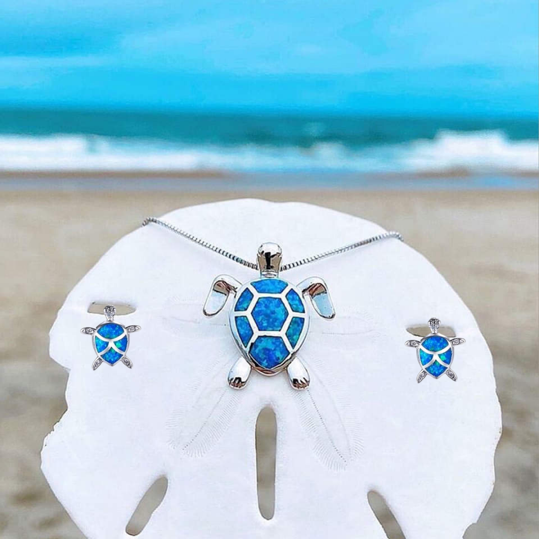 Silver Opal Sea Turtle Necklace & Earrings Set β Elegant