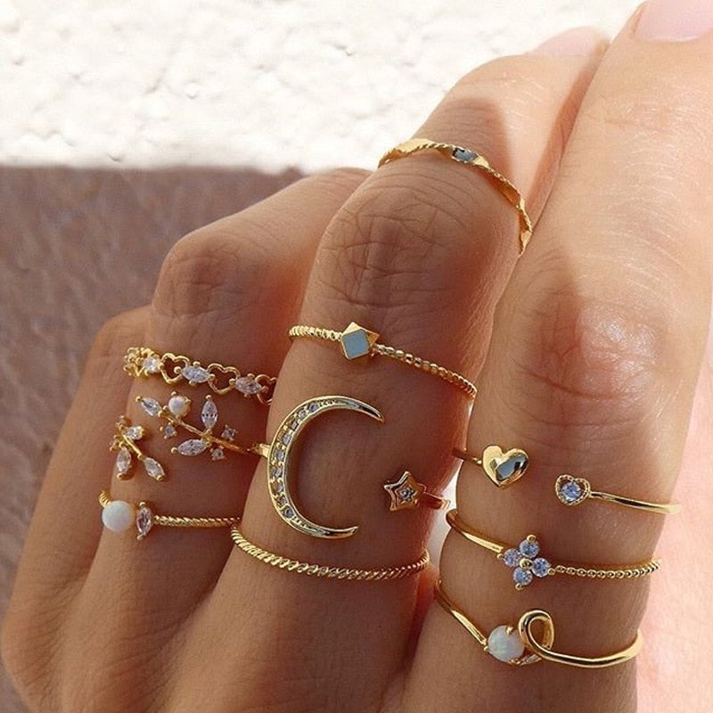 Silver & Gold Crystal Ring Set β Exquisite