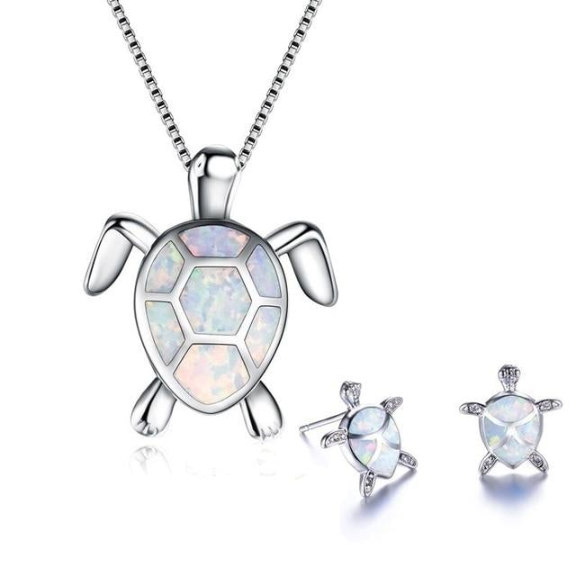 Silver Opal Sea Turtle Necklace & Earrings Set β Elegant