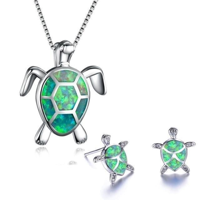 Silver Opal Sea Turtle Necklace & Earrings Set β Elegant
