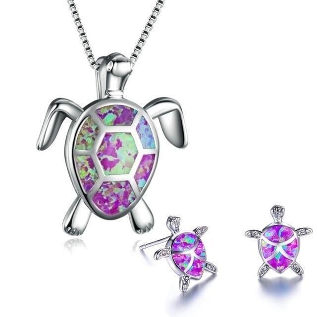 Silver Opal Sea Turtle Necklace & Earrings Set β Elegant