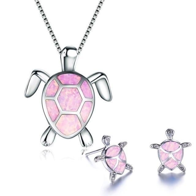 Silver Opal Sea Turtle Necklace & Earrings Set β Elegant