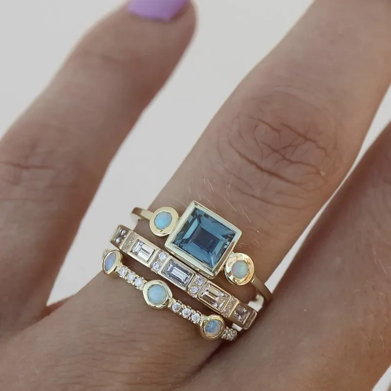 Blue Gemstone Ring Set – Coastal Elegance