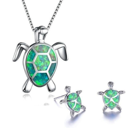 Silver Opal Sea Turtle Necklace & Earrings Set – Elegant